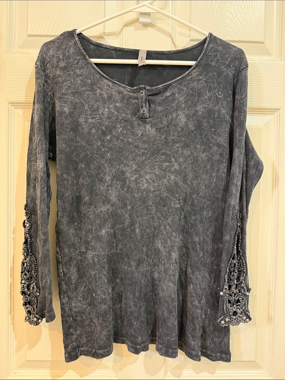 American Age Washed Black Long-Sleeve Tee with Embellished Sleeve